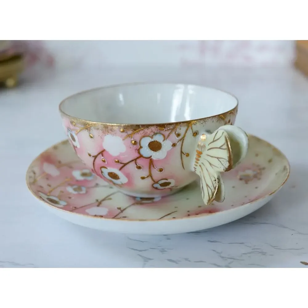 VTG Sakura Floral Butterfly Handle Teacup Set Grandmillennial Chinoiserie Retro